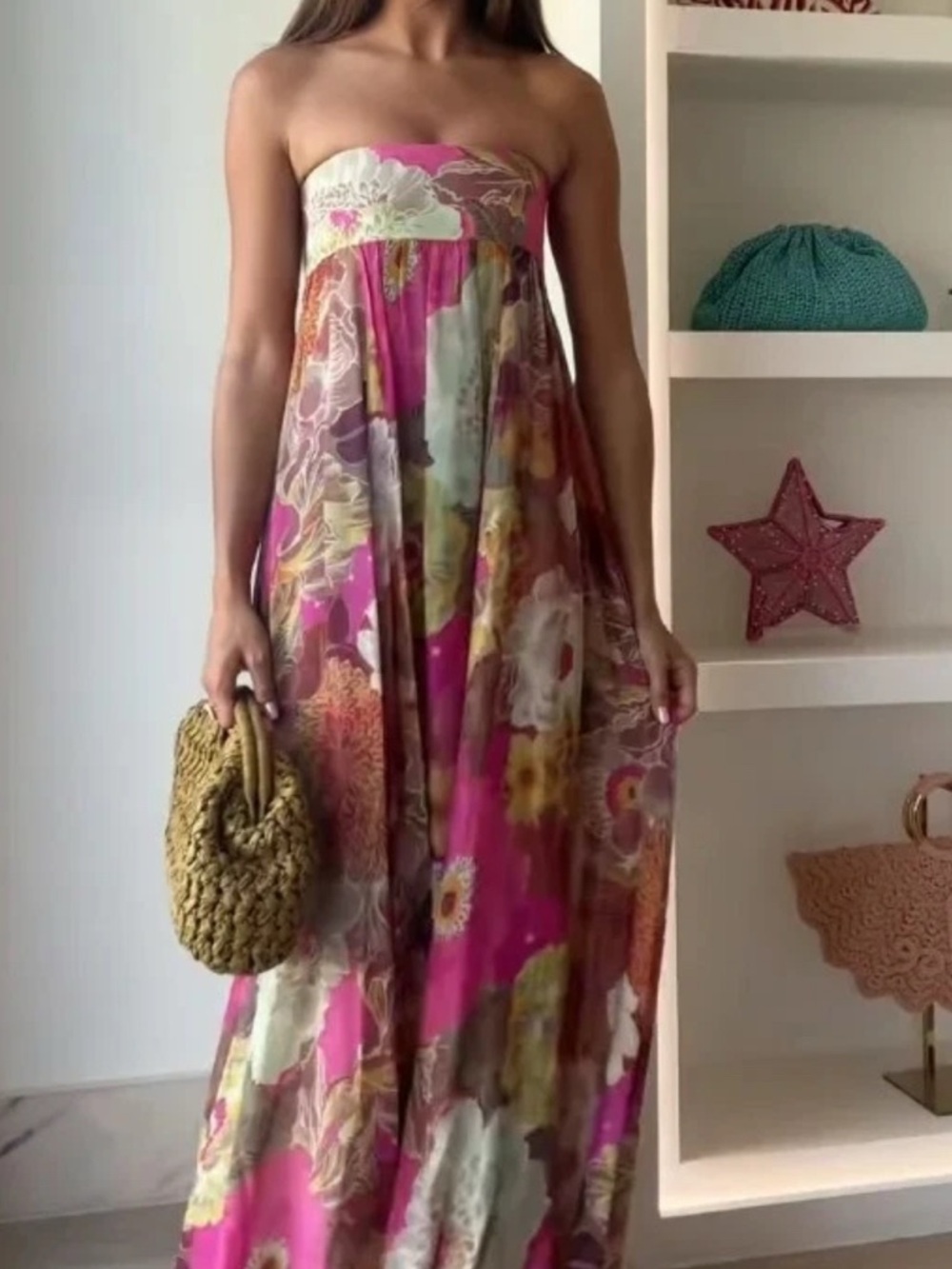 Strapless Pink Floral Maxi Dress